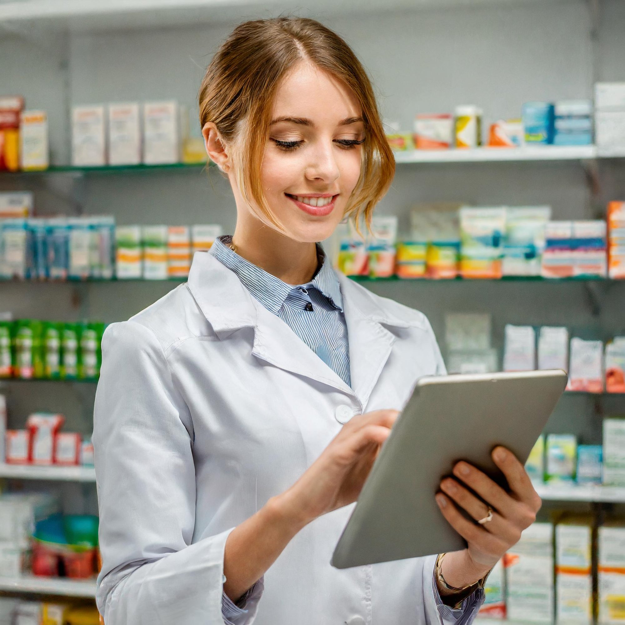 Firefly Pharmacy, pharmacist holding a tablet computer, the pharmacist is looking at the screen 4167